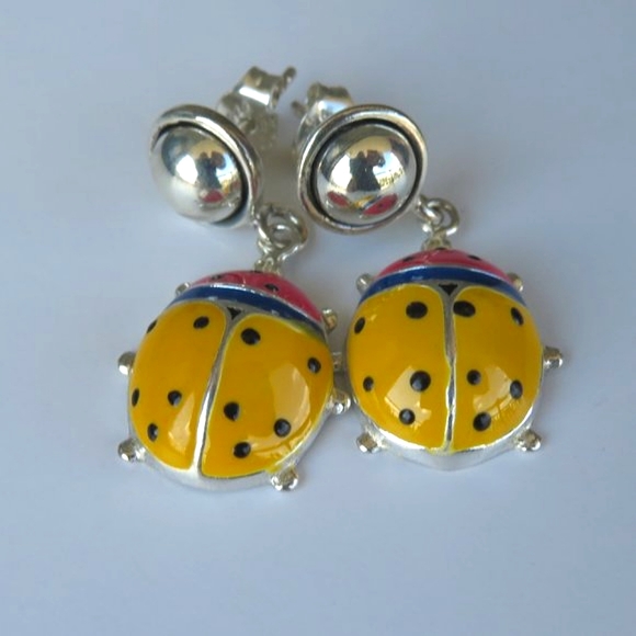Super Cute Sterling Silver Enamel LADYBUG Earrings - Picture 7 of 13